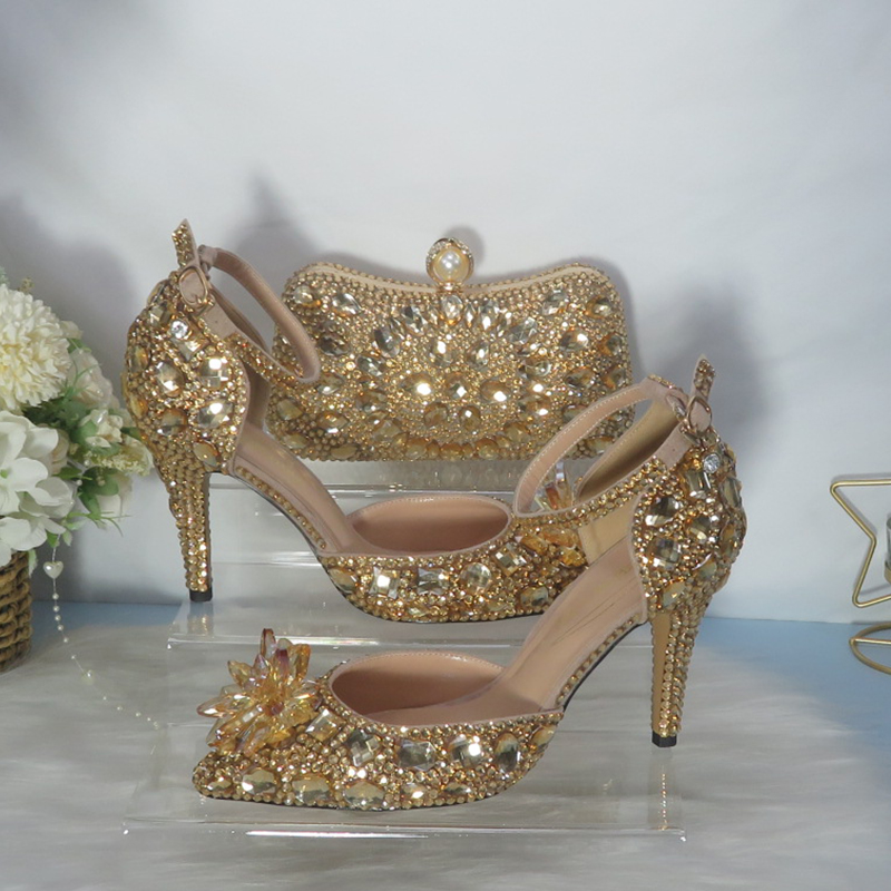 Women Bags For Party - Sepatu Pernikahan Pengantin Kristal Emas Baru