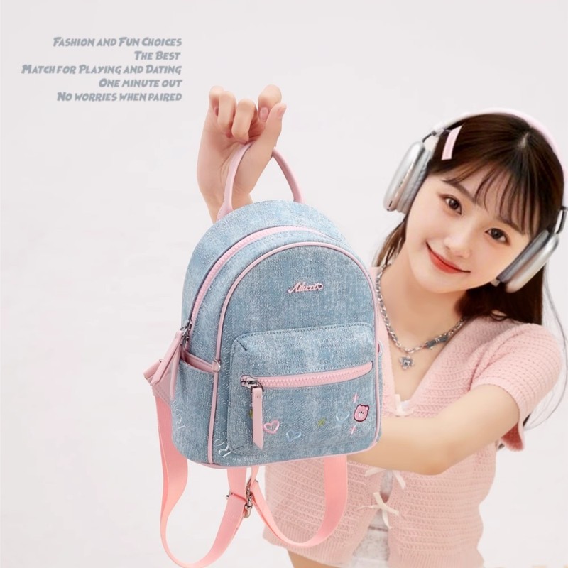 Mini Backpack Women - Ransel Beruang Bordir Denim Biru Ransel