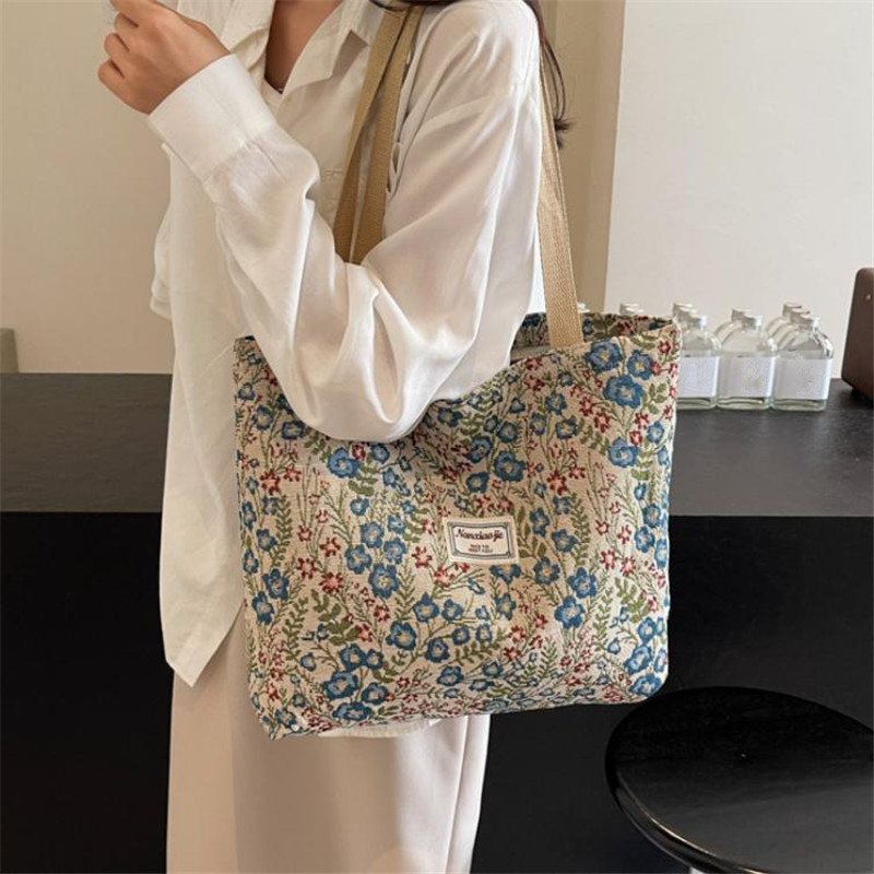 Women'S Work Bags Tote - Tas Kanvas Bordir Bunga dengan Pola