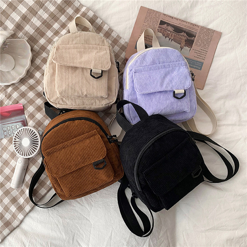 Mini Backpack Women - Tas punggung Mini korduroi warna polos,